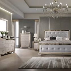 New 5 Bedroom Set W Mirrored Parameter.  Grey Padded Headboard.  Free Delivery!