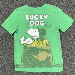 Peanuts Snoopy and Woodstock on pot of gold boy or girl size 5T Lucky Dog with shamrock St Patrick’s day shirt 