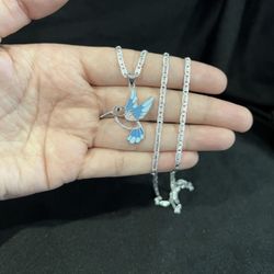 925 Sterling Silver Women Blue Humming Bird Pendant & Valentino Chain
