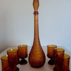 Mid Century Modern Carafe Decanter Genie Bottle + 6 Glasses