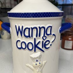 Pillsbury Doughboy Wanna Cookie Jar Ceramic Canister 2006 White Blue w/ Lid, Pre Owned