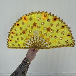 Oshun Themed Decorative Fan – Yellow & Gold – Santeria / Yoruba Altar Decor