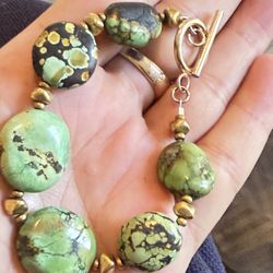Vintage Green Turquoise With Gold Filled Beads And Clasp 