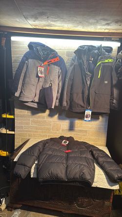 $60 full black, puffer, jacket, men’s size medium. new with tag GERRY $45 each 2 youth heavyweight system jacket new with tag .