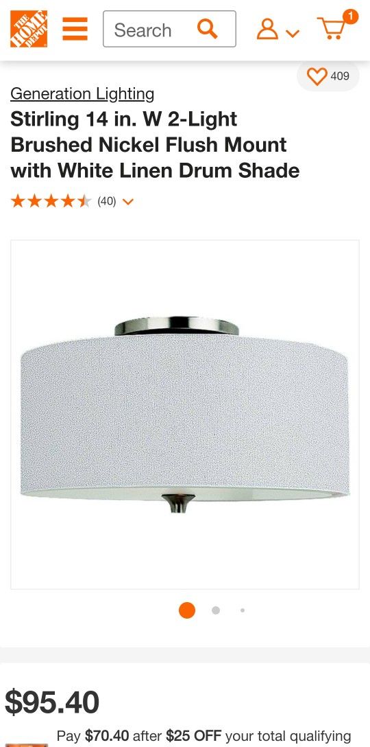 Stirling 14 in. W 2-Light Brushed Nickel Flush Mount with White Linen Drum Shade
L