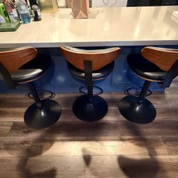 Set of 3 Modern Adjustable Bar Stools – Black Leather & Wood Accent