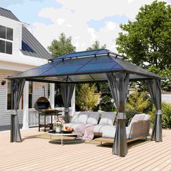 10'x13' Hardtop Gazebo, Outdoor Polycarbonate Double Roof Canopy, Aluminum Frame Permanent Pavilion with Curtains and Netting, Sunshade for Garden, Pa