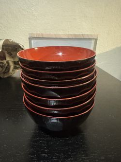 Set of 7 Japanese Style Miso Soup Bowls - Red & Black Textured