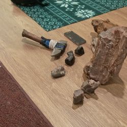 3 Pieces Of Smaller Petrified Wood, I Larger Petrified Tree Trunk, 1 Fossil,2Black Obsidian,1 Black Diamond Rock,1 Hachet Made Out Of Rock