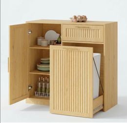 Natural Oak Fluted Trash Can Cabinet (HN)