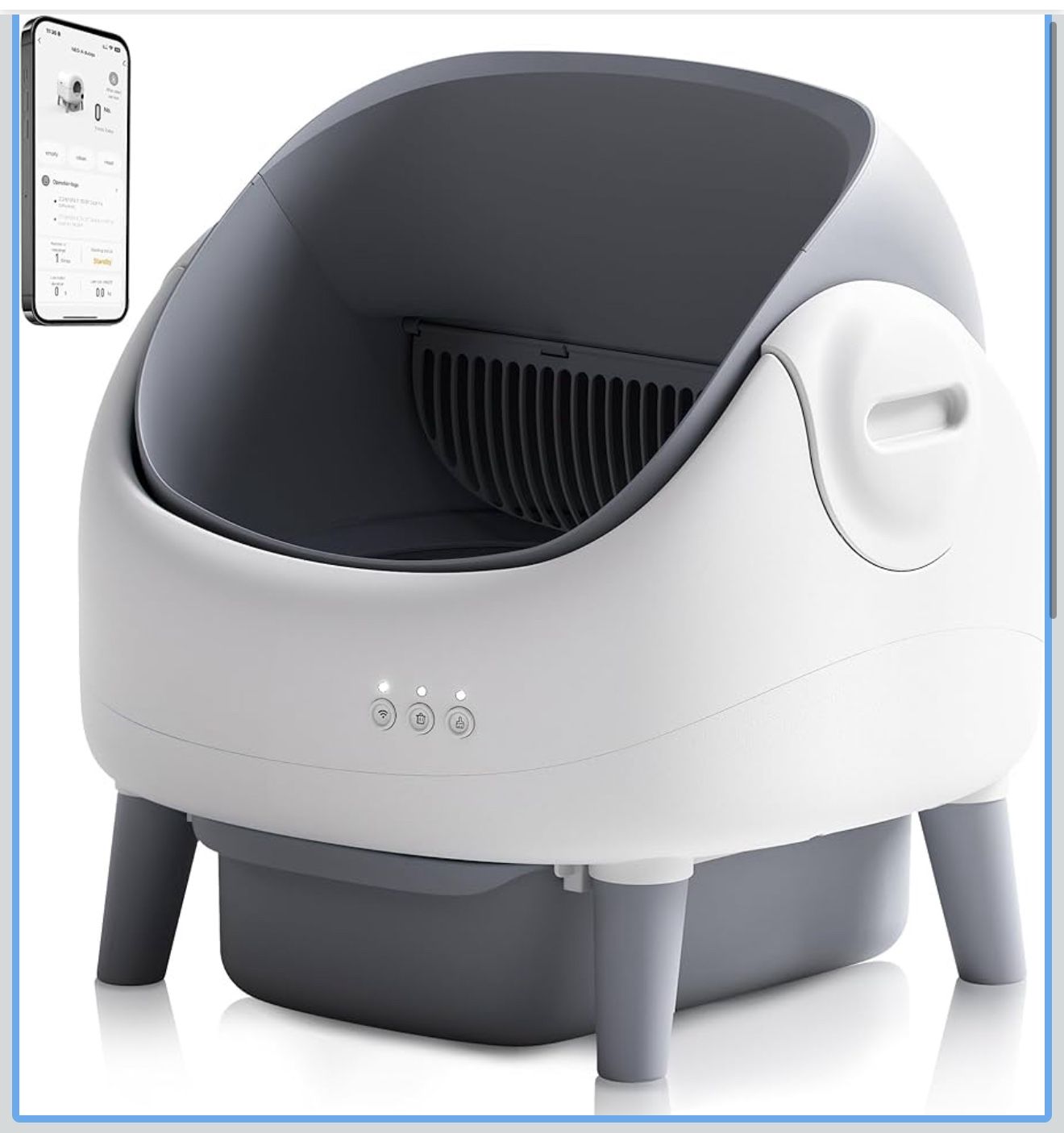 Open-Top Self Cleaning Litter Box, Automatic Cat Litter Box with APP Control, Dual Safety Sensors, Includes Trash Bags, Grey-White 