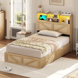 VIAGDO Rattan Bed Frame Twin Size with Bookcase Storage Headboard, Charging Station and LED Lights, Wooden Twin Bed Frames with 4 Drawers, Barn Door D