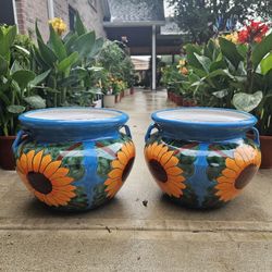 Talavera Turquoise Sunflower Clay Pots (Planters) Plants. Pottery $60 cada una.