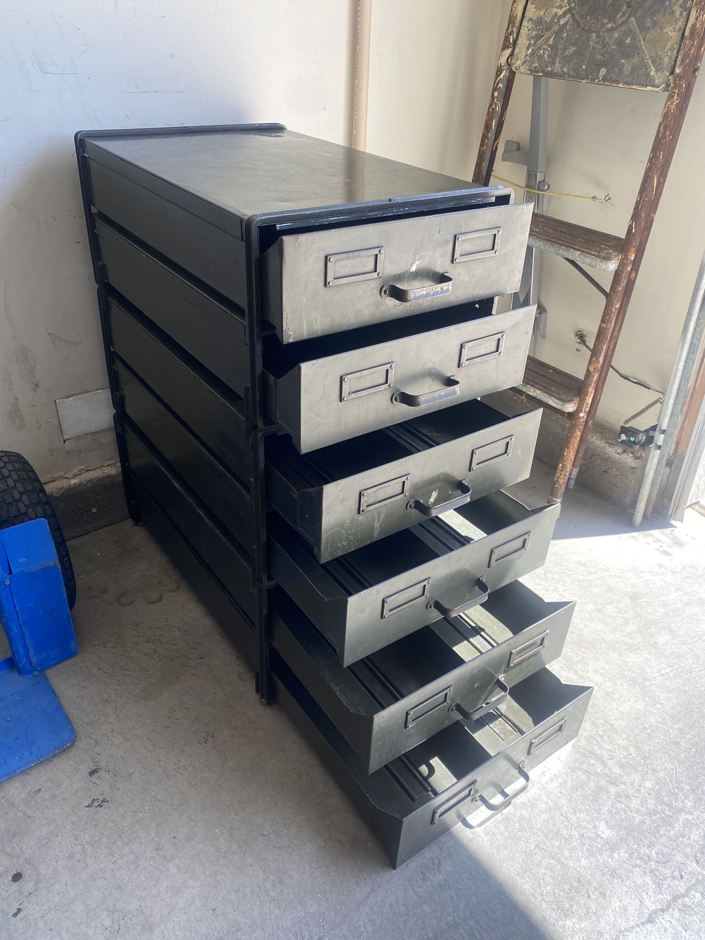 VINTAGE STACKABLE MILITARY 6 TIER STEEL CABINETs SOLID & HEAVY GREAT FOR TOOLS OR STORAGE. SOLID TOOLBOX $115.oo