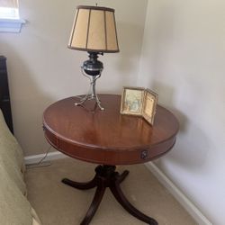 Vintage Mahogany Drum Table | Lion Head Pull | Regency Style