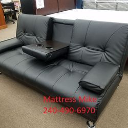 Brand New Stock Black Faux Leather Futon Sofa Bed Special