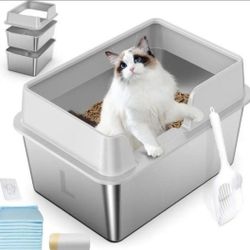 Zuqqony Stainless Steel Cat Litter Box with Lid, L High Sided Metal Sifting Litter Box for Pine Pellets, Enclosed Sifting Box for Small Cats, Anti-Lea