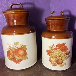 McCoy Pottery Milk Can Fruit Festival 254 And 253 Canister Cookie Jar Vintage USA Brown