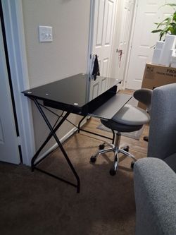 Tempered Glass Desk With Pull Out Keyboard Tray And Rolling Chair