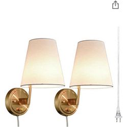 Fabric Shade Bedside Wall Lamp Set of 2 Plug in Wall Lights Brass Finished