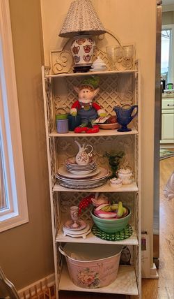 Shabbychic white folding bookcase Christmas village storage shelf console