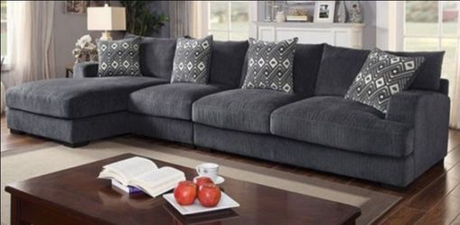 Brand New Grey Super Plush Chenille Sectional Sofa (Pillows Included)