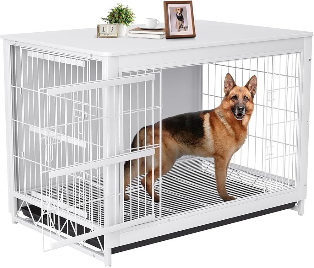 Dog Crate Furniture, 44.1" Wooden Side End Table, Modern Dog Kennel with Double Doors, Heavy-Duty Dog Cage w/Pull-Out Removable Tray, Indoo
