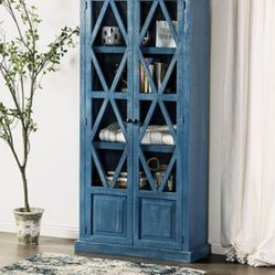 Brand New Rustic Denim Blue Farmhouse Design Cabinet & Shelf Curio 