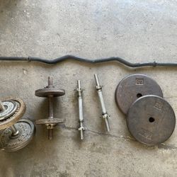 Weights Standard Size 1” Hole USA made 85lbs With Dumbbells And Curl Bar