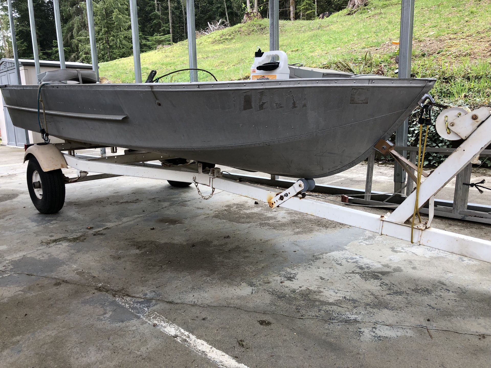 Hews Craft 12 1/2’ 3 bench aluminum boat. Excellent custom trailer. 8 hp Mercury outboard and 5 hp 5 spd Mincota trolling motor. Too much to list.