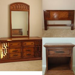 Moving sale! Vintage Mid-century solid wood bedroom set Dresser with mirror, night stand, headboard
