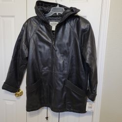 NEW Ladies's Black Leather Jacket With Hood - Size Medium 