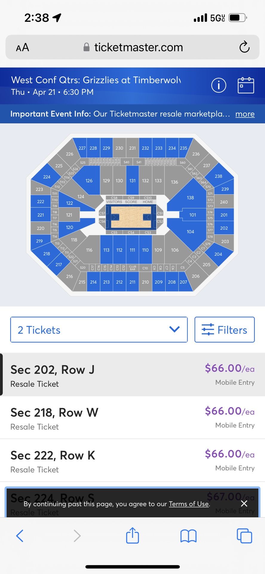 Minnesota Timberwolves Tickets Section 113 Row G