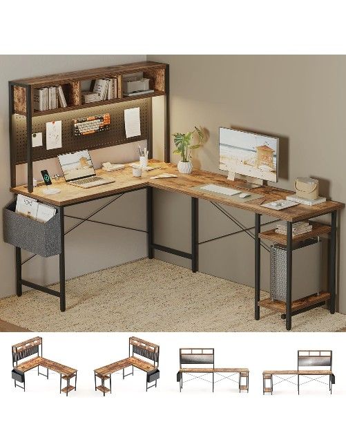 NEW in Box. L-Shaped Computer Desk with Pegboard & Hutch, 66" Corner Home Office Desk, Large Gaming Desk with RGB Lights & Power Outlets, Workstation