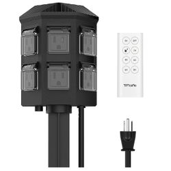 TIFFCOFIO 6ft Outdoor Extension 6 Grounded Outlets Power Stake Timer Remote (100ft Range) - Black