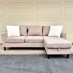 Small Tan Reversible Sectional Couch Sofa With USB Charging Port
