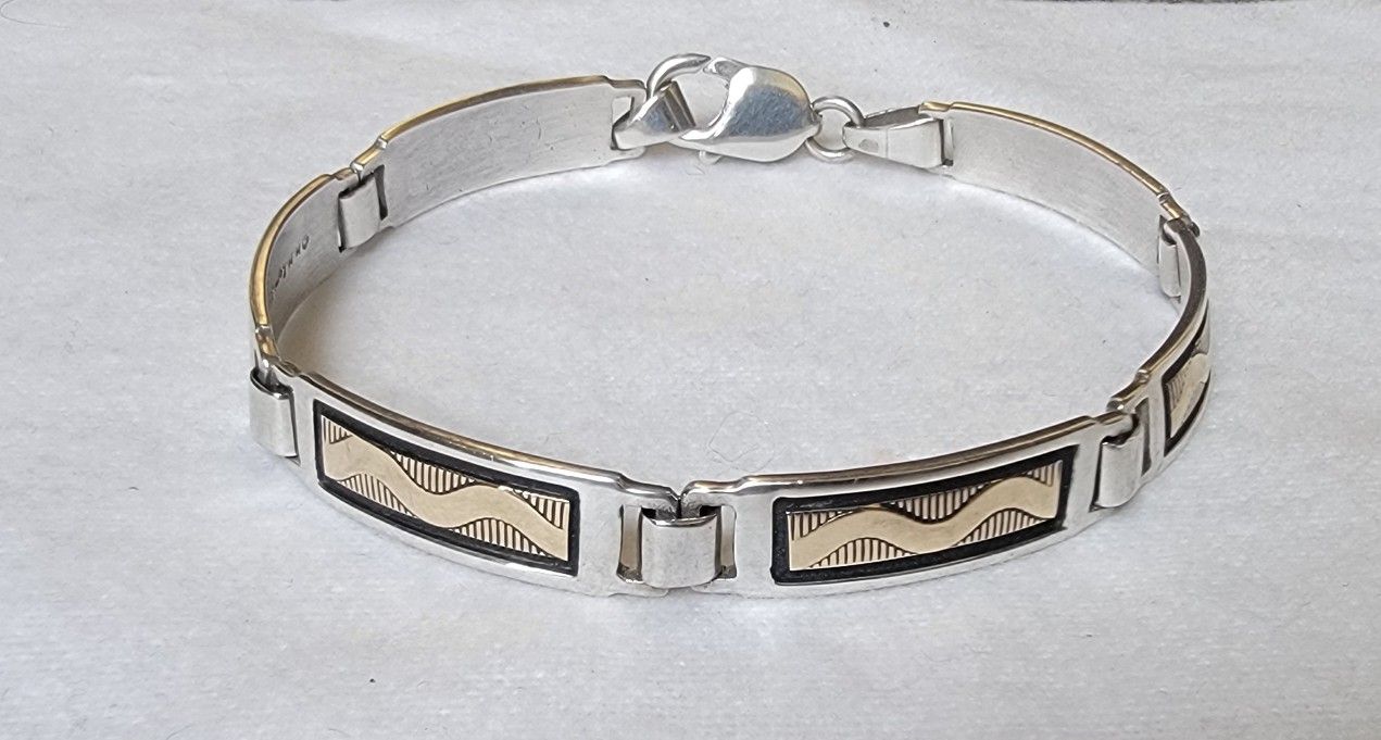MM ROGERS NATIVE AMERICAN Navajo Sterling Silver 14K Gold Link Bracelet Men's