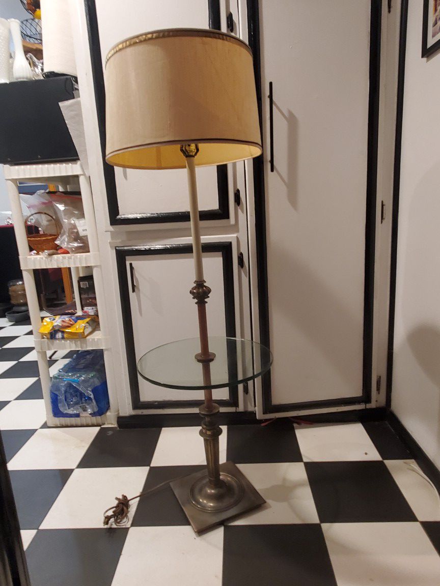 Antique stiffle brass floor lamp with glass table