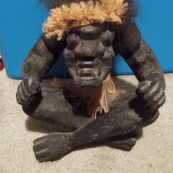 Vintage Wood Carved Tribal Man Statue Primitive Folk Art 