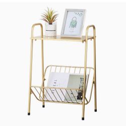 Gold Modern Rectangular Metal Side Table,Two-Story End-Table with Magazine Storage for Bedroom,Living Room,Bedside Table