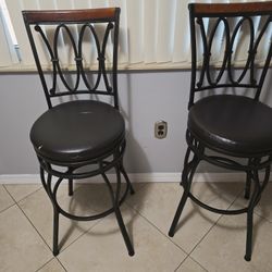 2 Swivel Bar Stools – Metal Frame with Brown Faux Leather Seats