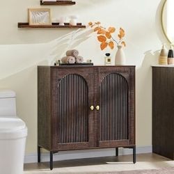 34" Tall Modern Arched Sideboard Buffet Cabinet with Storage, Brown Fluted Arch Sideboard Cabinet w/Adjustable Shelves, Wooden Modular Kitchen Cabinet