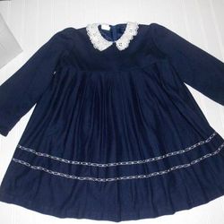 Girls 4-5 Navy Blue Dress Empire Waist Pleats Lined Lace Collar