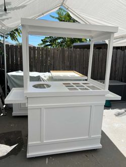 White Wood Mobile Vendor Cart with Canopy