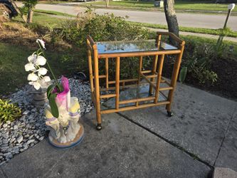 Vintage bamboo rattan boho bar cart on wheels dry bar server with glass shelves