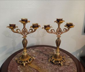 Pair of Luxury Three-Arm Candelabra by Ciel Collectibles, in 24-Karat Gold Pewter.