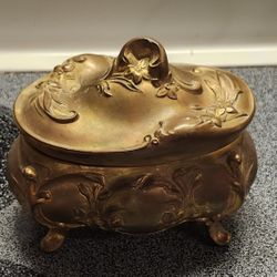 Antique 1800s Victorian Art Noveau Gilt Rose Footed Metal Jewelry Box 