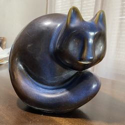 Vintage Ceramic Cat Statue Blue Drip Glaze Sculpture 8"
