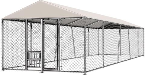 10 x 20FT Large Outdoor Dog Kennel with Bowls, Dog Kennel Outside with Waterproof Cover Roof, Galvanized Heavy Duty Chain Link Dog Runs Cage Playpen f