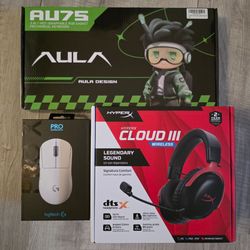 HyperX Cloud III Wireless Headset, Logitech G PRO X Mouse, AULA AU75 Keyboard